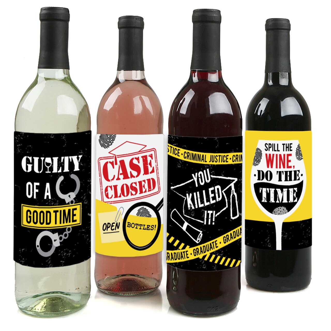Big Dot of Happiness Case Closed - Criminal Justice Graduation Party Decorations for Women and Men - Wine Bottle Label Stickers - Set of 4